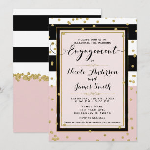 Invitation Rose Poudré Noir Blanc Or Fête de Fiançailles Glam