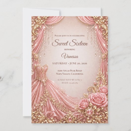 Invitation Rose Poudré Or Luxe Princesse Douze Ans (Devant)