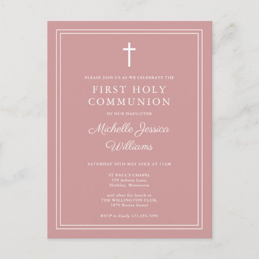 Invitation rose poudré pour la première communion (Devant)