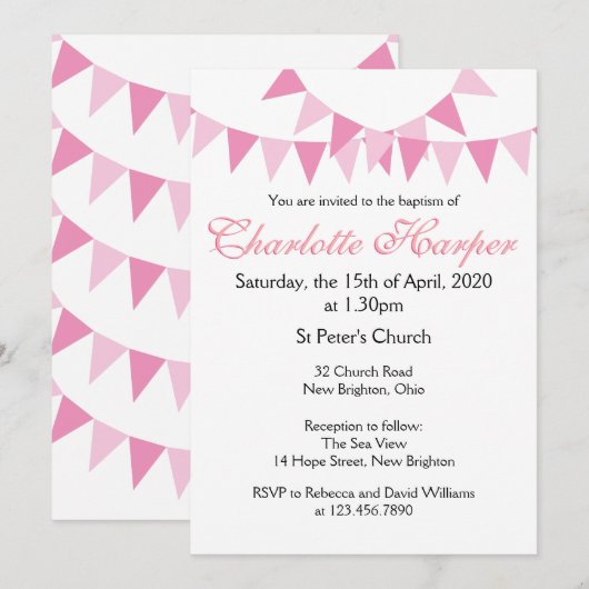 Invitation rose pour baptême de bébé Bunting (Devant / Derrière)