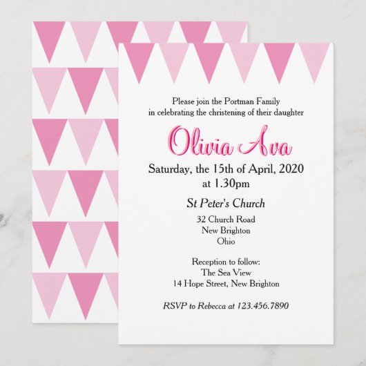 Invitation rose pour baptême de bébé Bunting (Devant / Derrière)