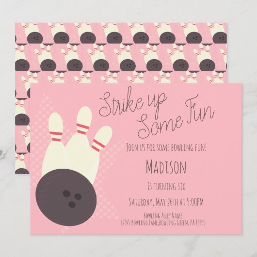 Invitation rose pour fête d'anniversaire au bowlin (Devant / Derrière)