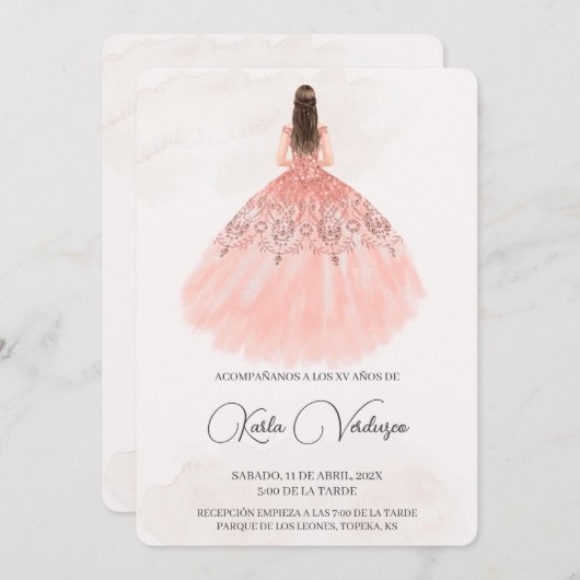 Invitation rose pour Quinceañera  (Devant / Derrière)