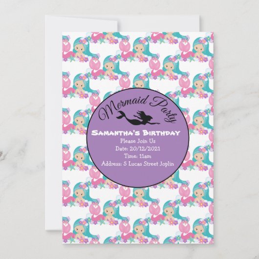 Invitation Rose pour une Fête Sirène Violette (Devant)