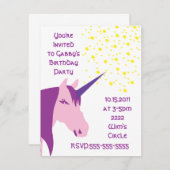 Invitation rose/pourpre d'anniversaire de licorne (Devant / Derrière)
