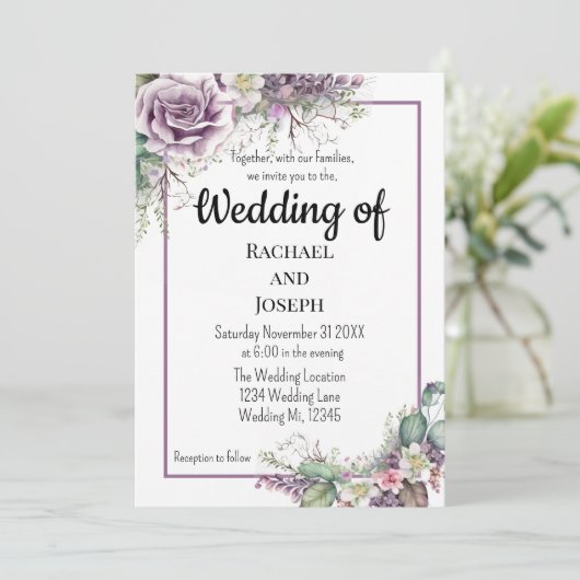 Invitation Rose pourpre et Mariage Eucalyptamint (Debout devant)