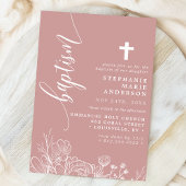 Invitation Rose Poussiéreuse Blanc Floral Élégant Script Bapt