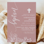 Invitation Rose Poussiéreuse Blanc Floral Élégant Script Bapt