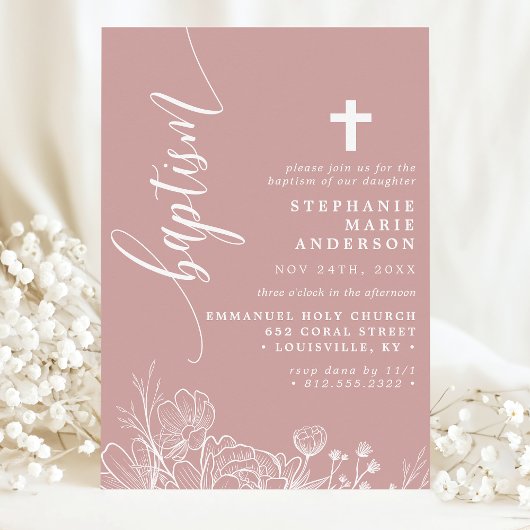 Invitation Rose Poussiéreuse Blanc Floral Élégant Script Bapt