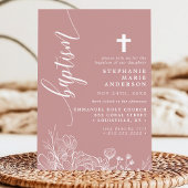 Invitation Rose Poussiéreuse Blanc Floral Élégant Script Bapt