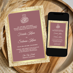 Invitation Rose Poussiéreuse Crème Damassé Mariage Islamique