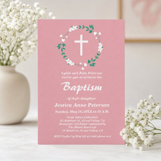 Invitation Rose Poussiéreuse Croix Blanche Florale Crest Bapt