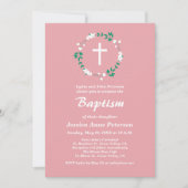 Invitation Rose Poussiéreuse Croix Blanche Florale Crest Bapt (Devant)