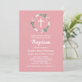 Invitation Rose Poussiéreuse Croix Blanche Florale Crest Bapt (Debout devant)
