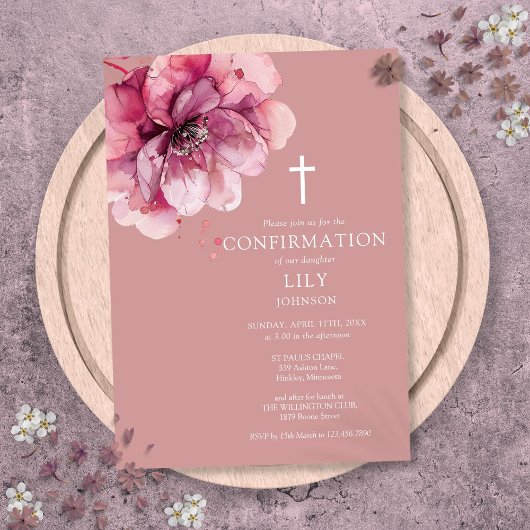 Invitation Rose Poussiéreuse Élégante Fleurs Aquarelle Confir