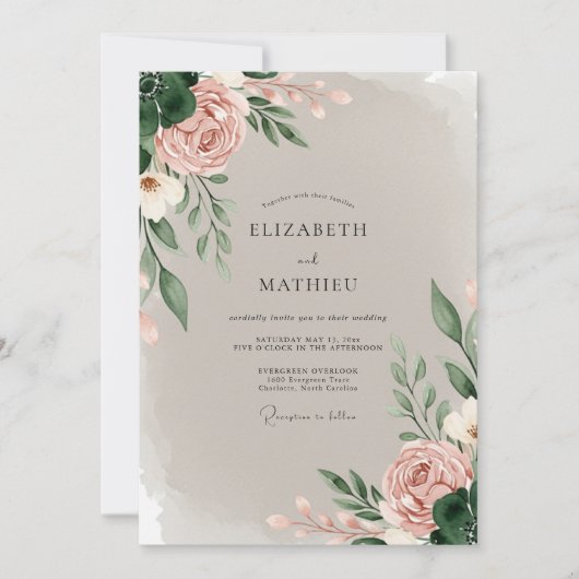 Invitation Rose Poussiéreuse Exquise Fleur de Mariage (Devant)