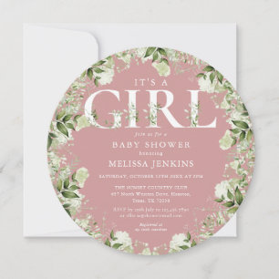 Invitation Rose Poussiéreuse Fille Baby Shower Végétal