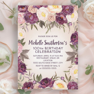 Invitation Rose Poussiéreuse Florale 100e Anniversaire