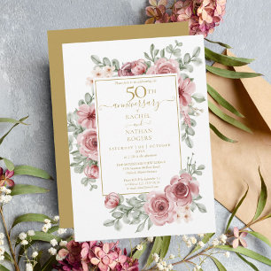 Invitation Rose Poussiéreuse Florale 50ème Anniversaire de Ma