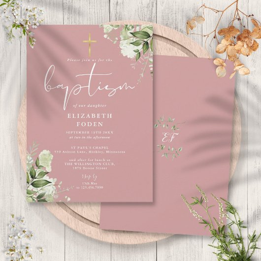 Invitation Rose Poussiéreuse Monogramme Floral de Verdure Bap