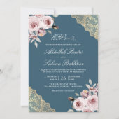 Invitation Rose Poussiéreuse Or Broderie Code QR Bleu Mariage (Devant)