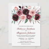 Invitation Rose Poussiéreux Bourgogne Floral Code QR Mariage (Devant)