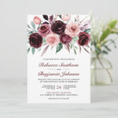 Invitation Rose Poussiéreux Bourgogne Floral Code QR Mariage (Debout devant)