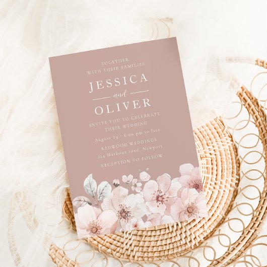 Invitation Rose poussiéreux, Fleurs blanches Mariage d'élégan