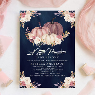 Invitation Rose Poussiéreux Fleurs Rose Navy Citrouille Baby