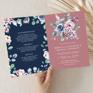 Invitation Rose Poussiéreux Floral Bleu Marine Code QR Mariag