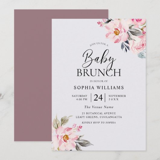 Invitation Rose poussiéreux Floral Blush Baby shower rose Bru (Devant / Derrière)