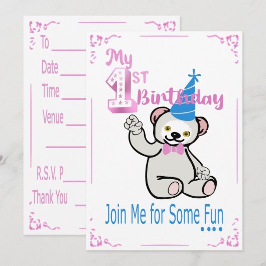 Invitation rose premier anniversaire (Devant / Derrière)