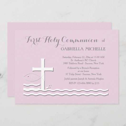 Invitation rose première communion (Devant / Derrière)