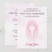 Invitation Rose Première Sainte Communion Croix Ra (Devant / Derrière)