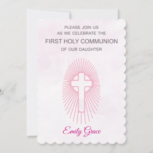 Invitation Rose Première Sainte Communion Croix Ra (Devant)