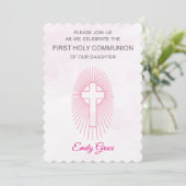 Invitation Rose Première Sainte Communion Croix Ra (Debout devant)