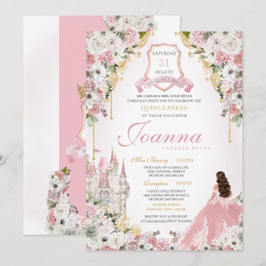 Invitation Rose Princess Blush Gold Château Royal Quinceanera (Devant / Derrière)