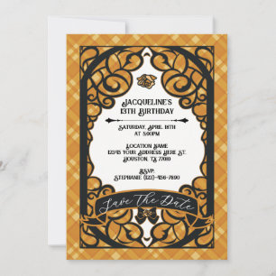 Invitation Rose Princesse Anniversaire à porte orange et noir
