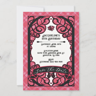 Invitation Rose princesse anniversaire à porte rose et noir