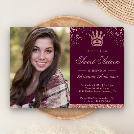 Invitation Rose Princesse Parties scintillant or Sweet sixtee
