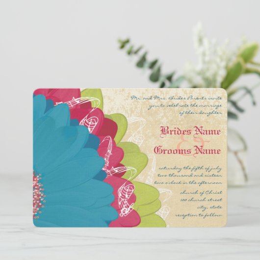 Invitation Rose profond Turquoise & Citrus Lime Gerber Mariag (Debout devant)