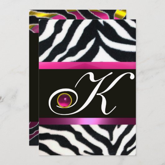 Invitation ROSE, PURPLE BLACÉ ZEBRA FUR MONOGRAM fuchsia (Devant / Derrière)