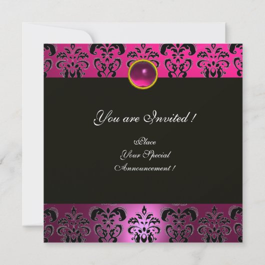 Invitation ROSE PURPLE BLACK DAMASK MONOGRAM Amethyst Fuchsia (Dos)