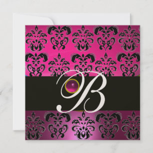 Invitation ROSE PURPLE BLACK DAMASK MONOGRAM Amethyst Fuchsia