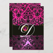 Invitation ROSE PURPLE BLACK DAMASK MONOGRAM Amethyst Fuchsia (Devant / Derrière)