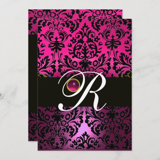 Invitation ROSE PURPLE BLACK DAMASK MONOGRAM Amethyst Fuchsia (Devant / Derrière)