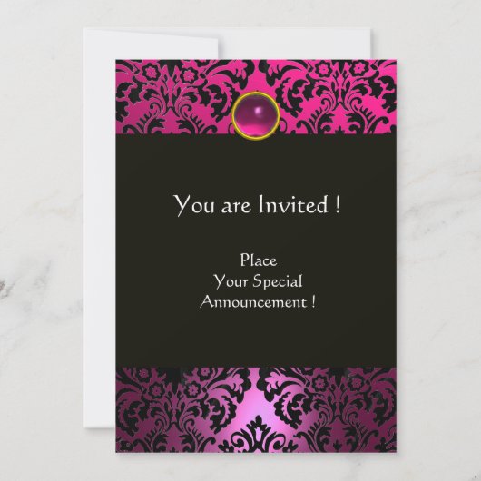Invitation ROSE PURPLE BLACK DAMASK MONOGRAM Amethyst Fuchsia (Dos)