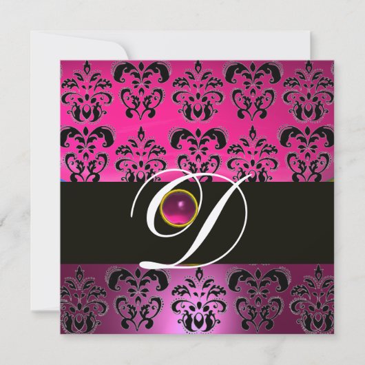 Invitation ROSE PURPLE BLACK DAMASK MONOGRAM Amethyst Fuchsia (Devant)