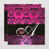Invitation ROSE PURPLE BLACK DAMASK MONOGRAM Amethyst Fuchsia (Devant / Derrière)