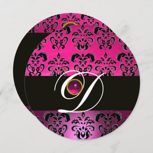Invitation ROSE PURPLE BLACK DAMASK MONOGRAM Amethyst Fuchsia (Devant / Derrière)